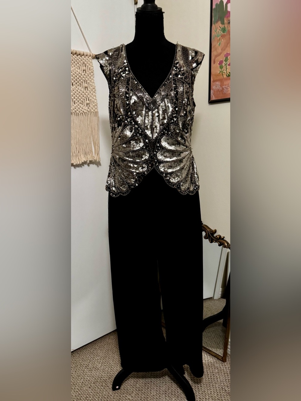 Adrianna Papell Black Jumpsuit with Silver Sequin Bodice
